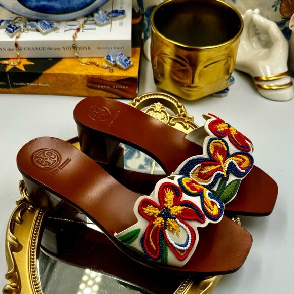 🆕 TORY BURCH 🧿 NWOT Bianca Floral Bead Embellished Slide Sandal - Ivory Multi - Picture 4 of 16